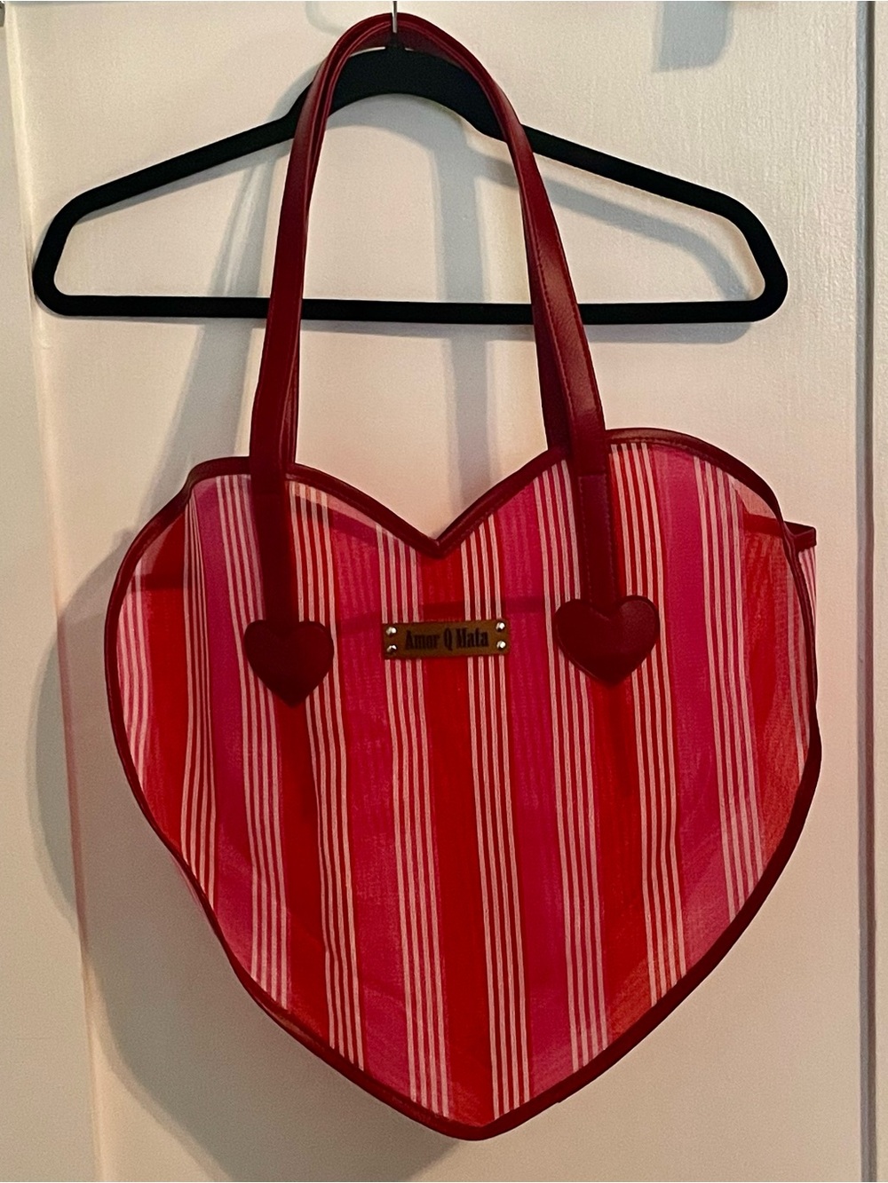 Amor Q Mata Marchantitas Red Striped Heart Mexican Mercado Tote Bag